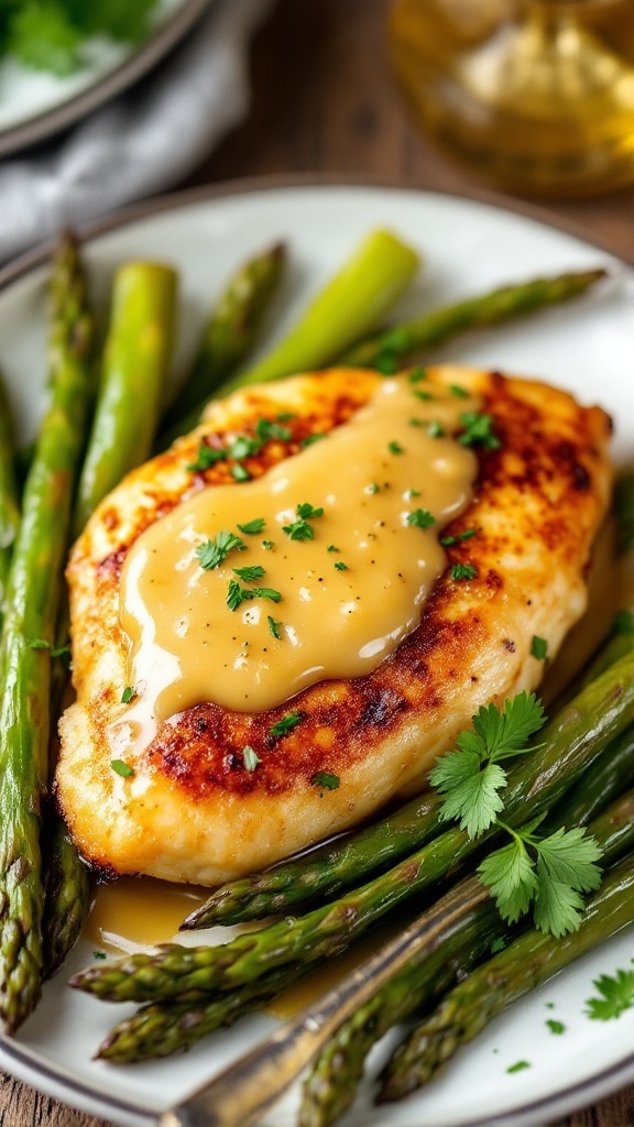 Garlic butter chicken with asparagus on a plate, garnished with parsley, on a wooden table.